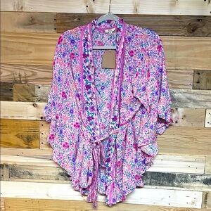 Kori size Medium Open Floral Pink Kimono Wrap with Waist Tie and Wide Sleeves